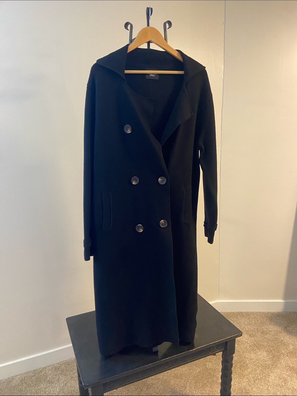 Carly Jean Los Angeles Double-Breasted Black Trench Coat